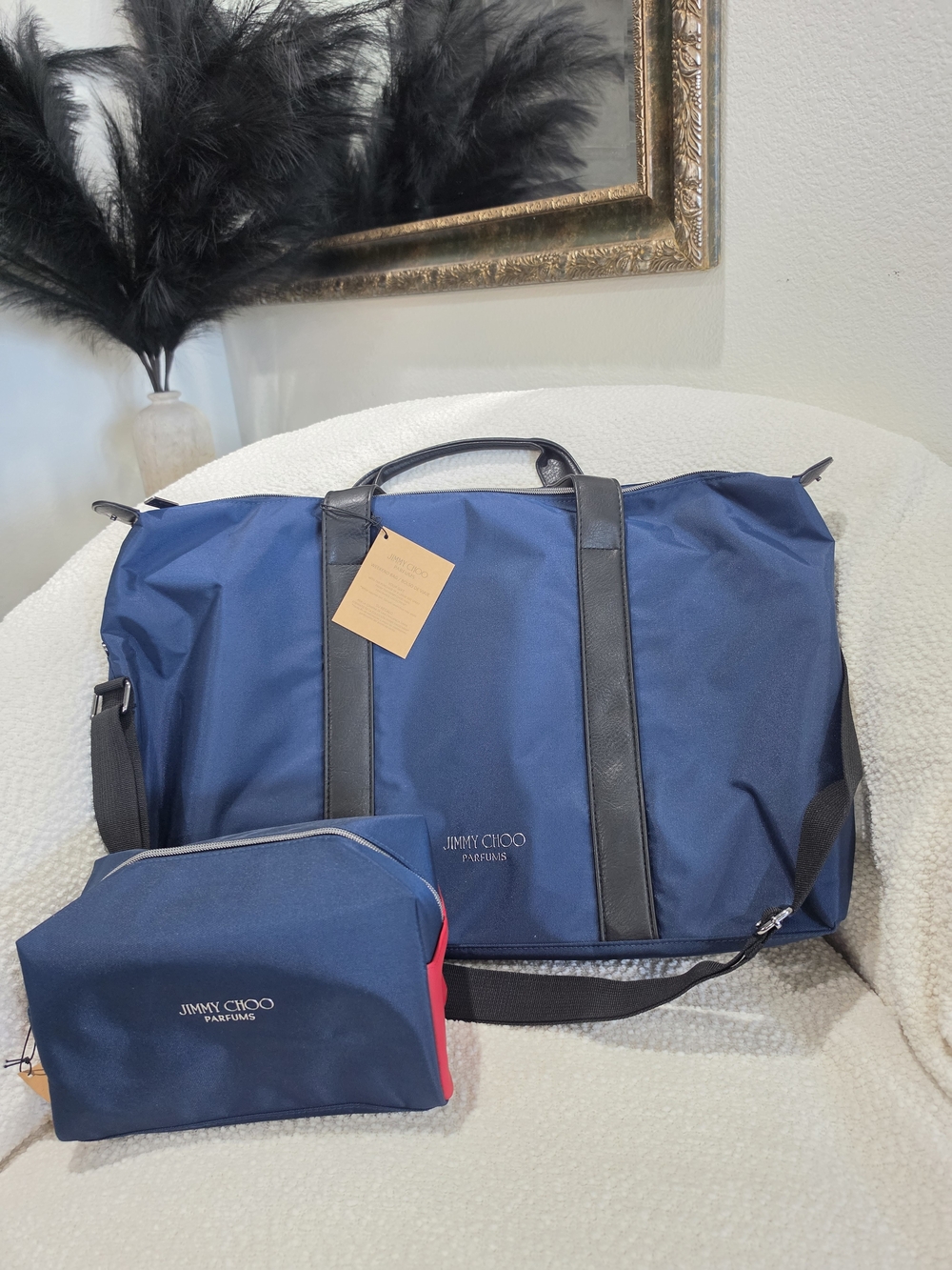 Jimmy Choo Navy and Black Duffel Weekender with Matching toiletry pouch